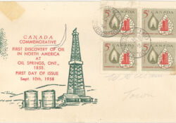 This 1958 national stamp commemorates the 100th anniversary of the Williams discovery well in Oil Springs.